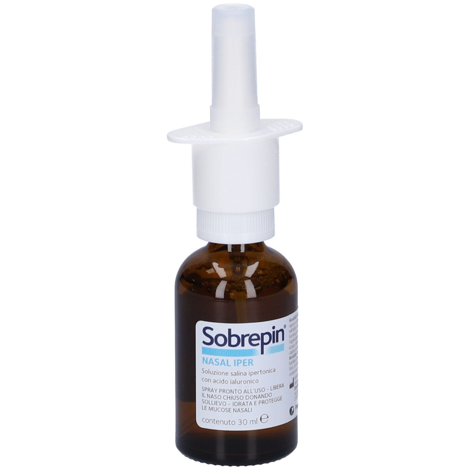 Flacone di vetro marrone con nebulizzatore bianco. Testo: Sobrepin Nasal Iper. 30 ml.