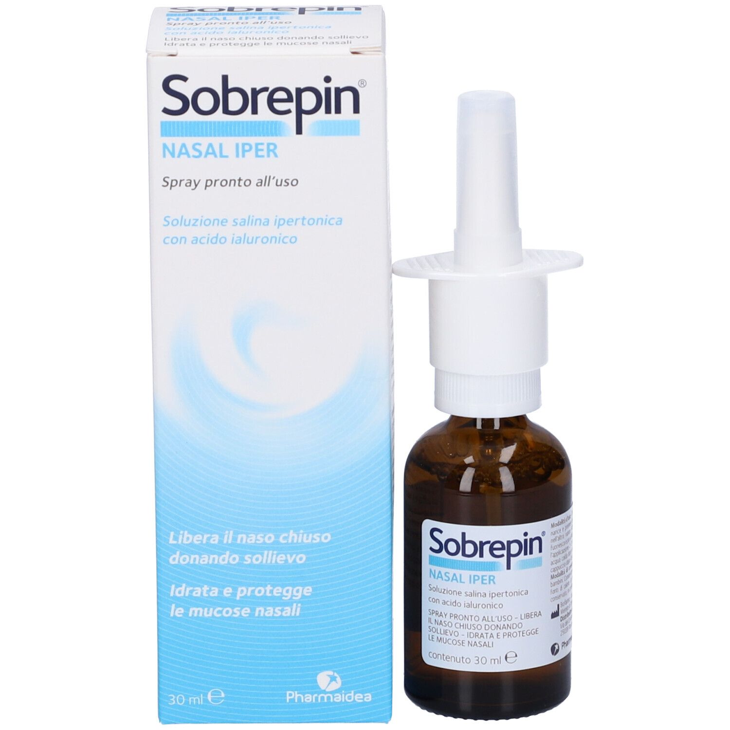 Prodotto e confezione. Flacone di vetro marrone con nebulizzatore bianco e scatola bianca. Testo: Sobrepin Nasal Iper.