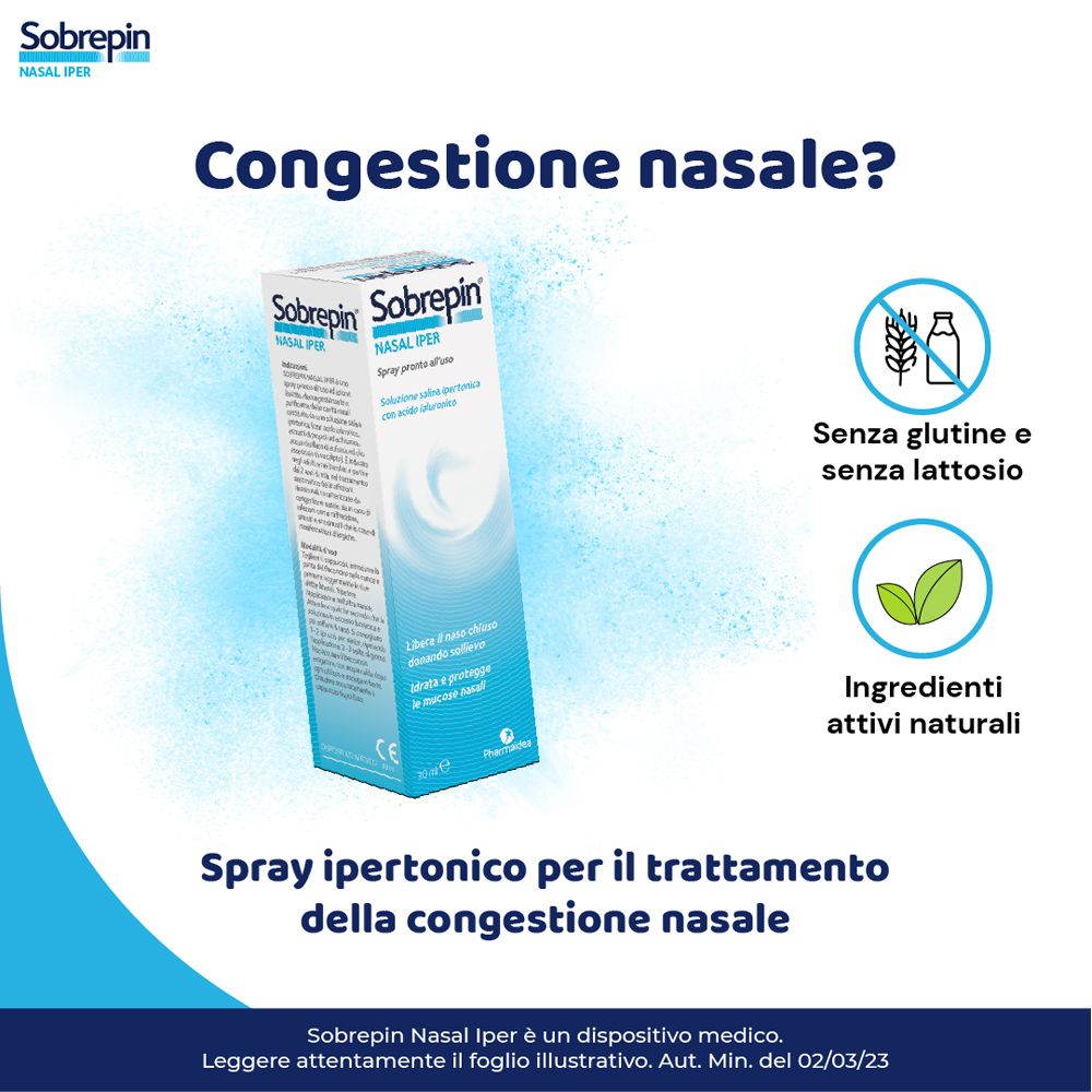 Immagine pubblicitaria con prodotto e testo. Testo: Sobrepin Nasal Iper. Senza glutine e senza lattosio. Ingredienti attivi naturali.