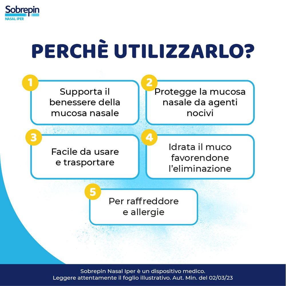 Infografica con punti numerati. Testo: Supporta il benessere della mucosa nasale. Per raffreddore e allergie.