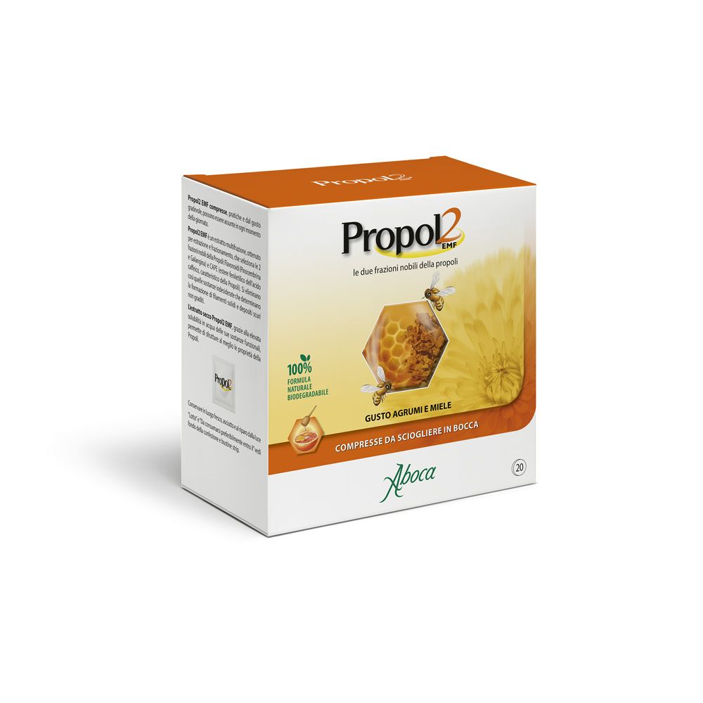 Confezione di Propol2 EMF. Scritta: "Gusto Agrumi e Miele". Logo Aboca. Formula 100% naturale e biodegradabile.
