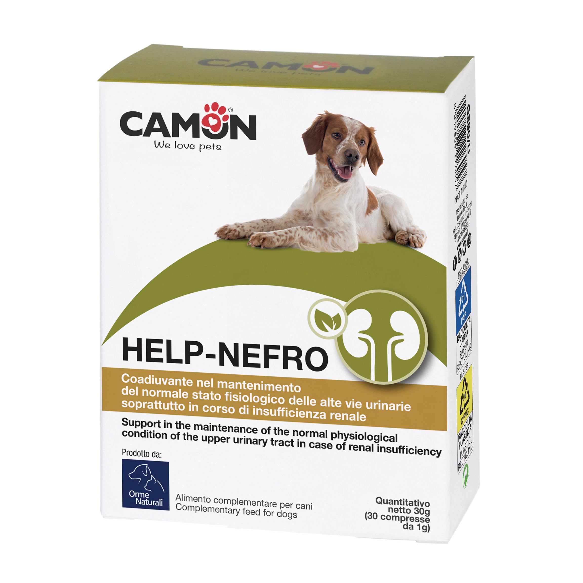 Scatola di prodotto per cani. Scritta: CAMON, HELP-NEFRO. Contiene 30 compresse. Immagine di un cane.