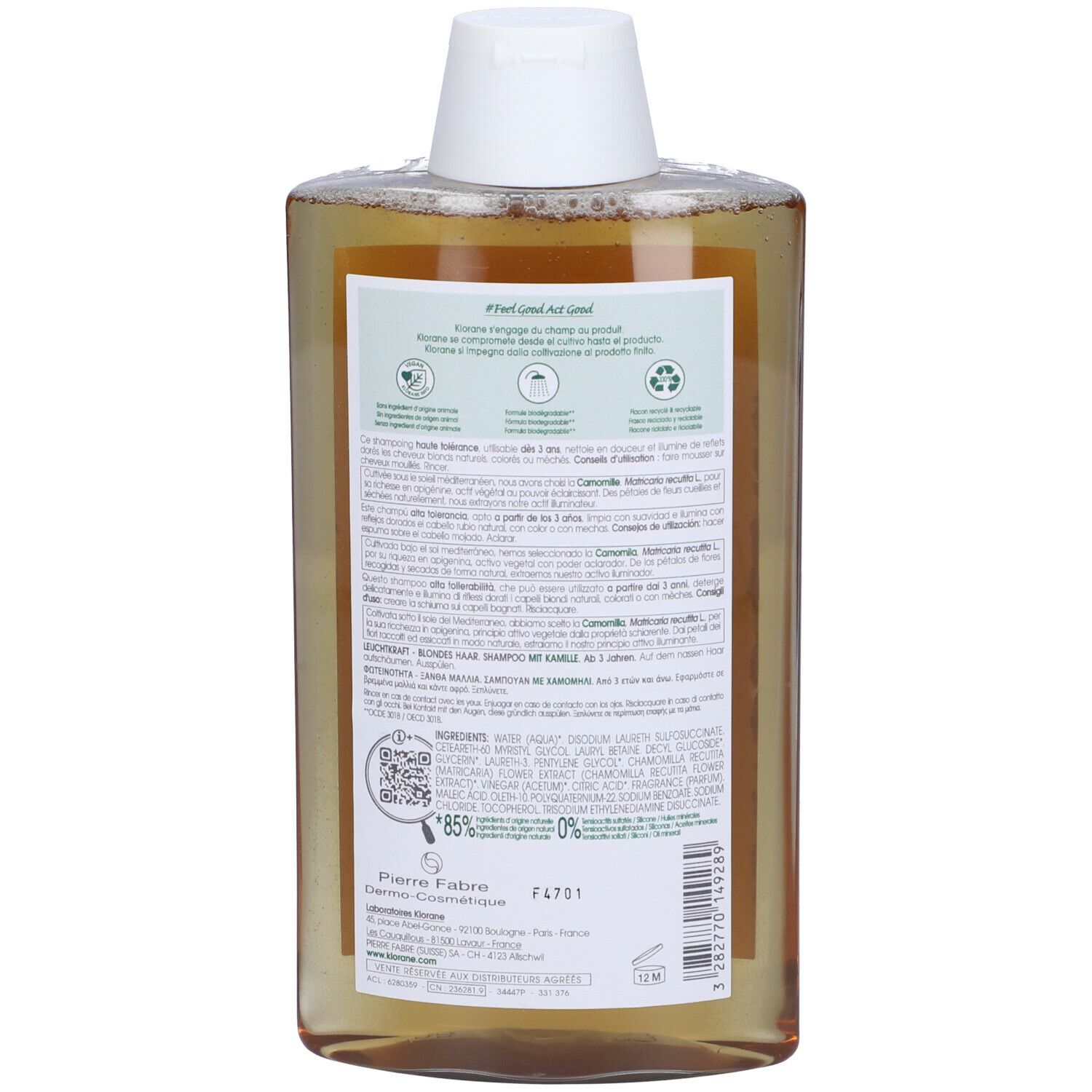 Retro del flacone di shampoo Klorane. Testo con informazioni su ingredienti, utilizzo e certificazioni. Codice QR e simbolo di riciclo.