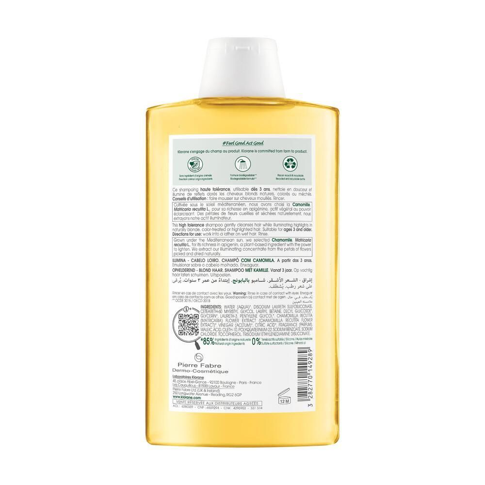 Retro del flacone di shampoo Klorane. Testo con informazioni su ingredienti, utilizzo e certificazioni. Codice QR e simbolo di riciclo.
