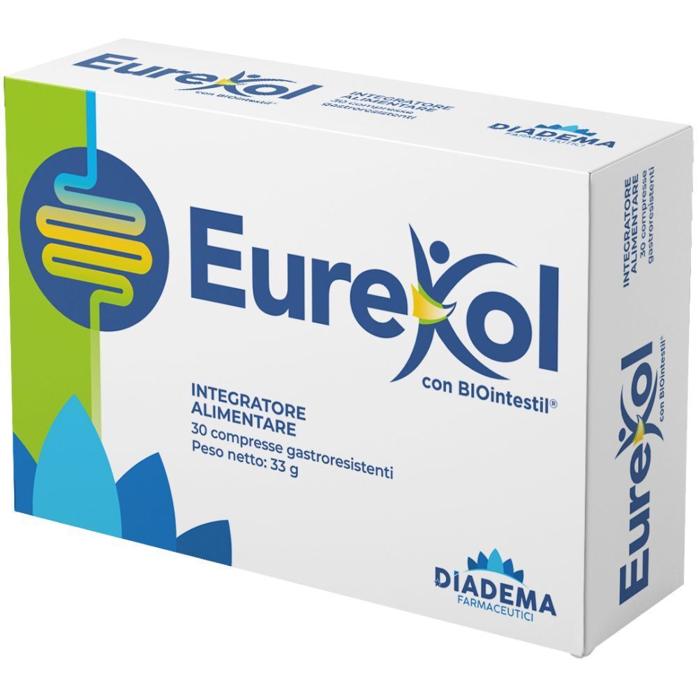 Scatola bianca con logo "EureKol" e "Integratore Alimentare". Contiene 30 compresse gastroresistenti. Marca: Diadema Farmaceutici.