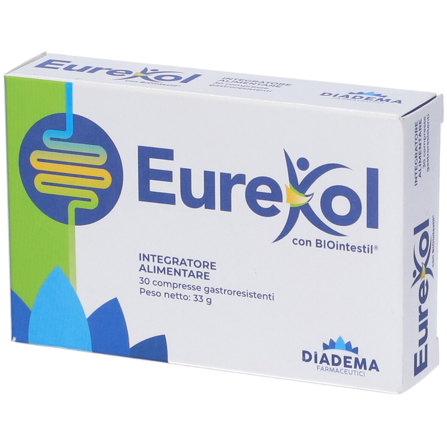 Scatola bianca con logo "EureKol" e "Integratore Alimentare". Contiene 30 compresse gastroresistenti. Marca: Diadema Farmaceutici.