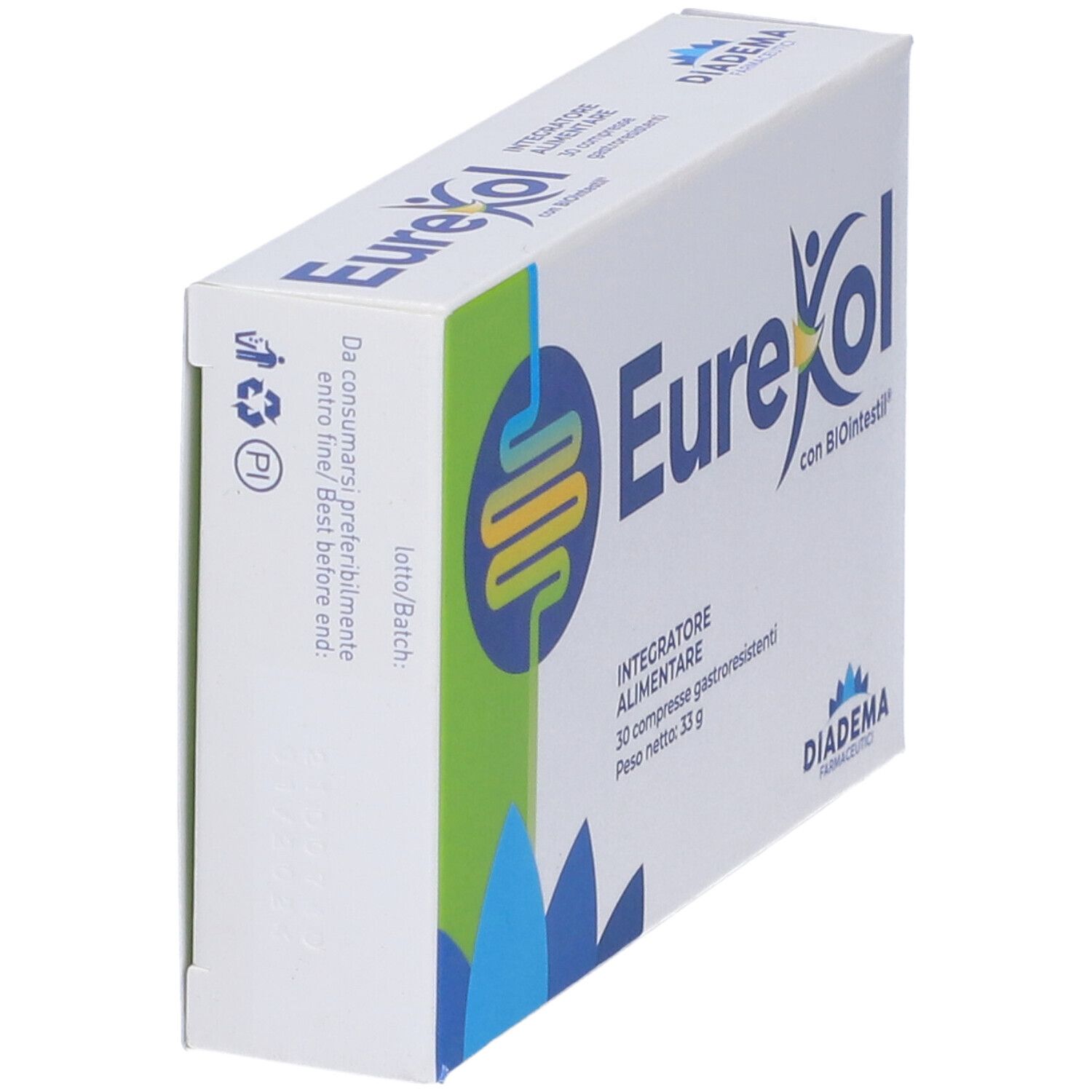 Scatola con logo "EureKol" e "Integratore Alimentare". Contiene 30 compresse gastroresistenti. Marca: Diadema Farmaceutici. Vista obliqua.
