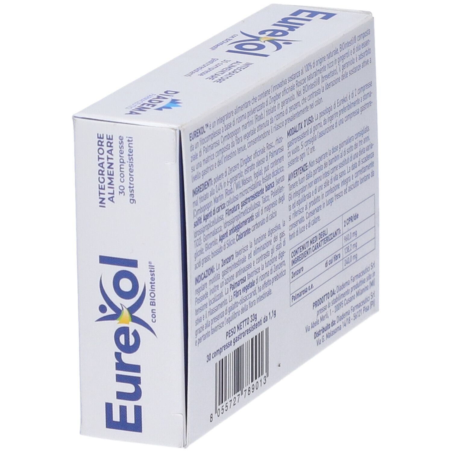 Scatola con logo "EureKol" e "Integratore Alimentare". Contiene 30 compresse gastroresistenti. Marca: Diadema Farmaceutici. Vista obliqua.