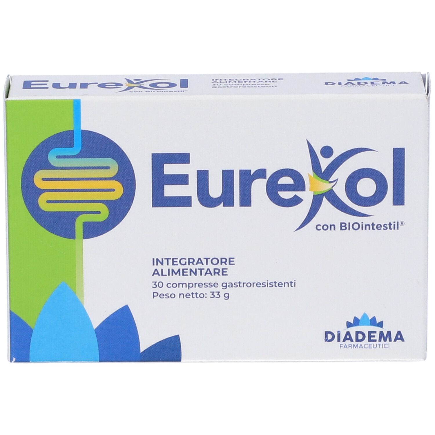 Scatola bianca con logo "EureKol" e "Integratore Alimentare". Contiene 30 compresse gastroresistenti. Marca: Diadema Farmaceutici.