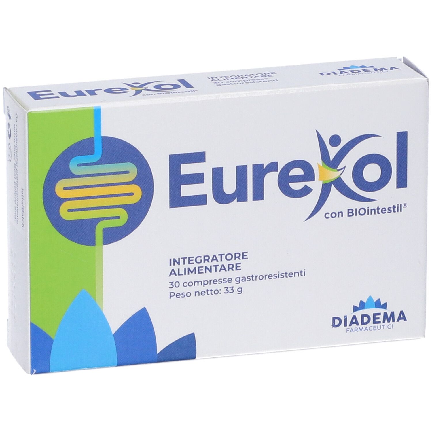 Scatola bianca con logo "EureKol" e "Integratore Alimentare". Contiene 30 compresse gastroresistenti. Marca: Diadema Farmaceutici.