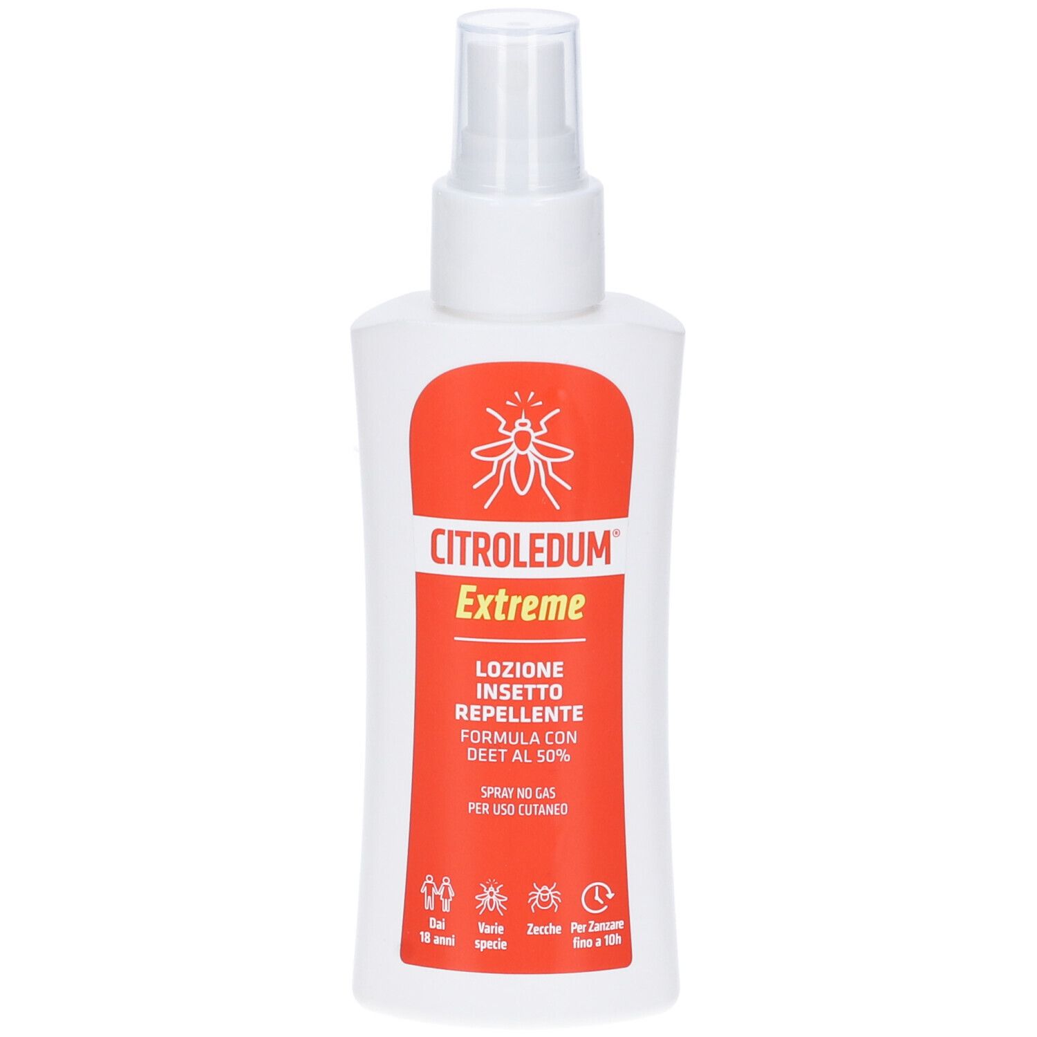 Spray bianco con etichetta rossa. Scritta Citroledum Extreme. Repellente per insetti con erogatore spray.