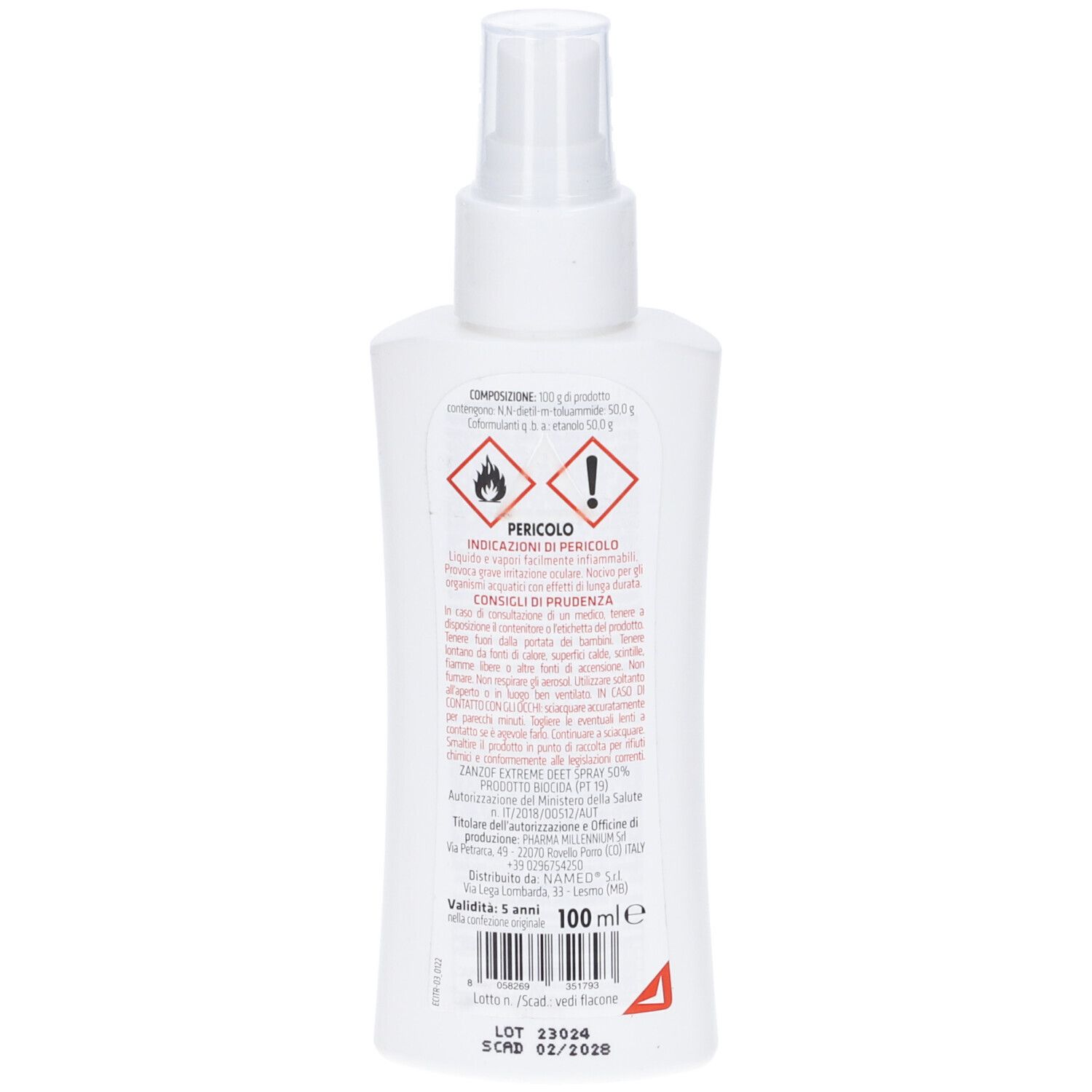Retro del flacone spray bianco. Etichetta rossa con simboli di pericolo e testo. 100 ml.