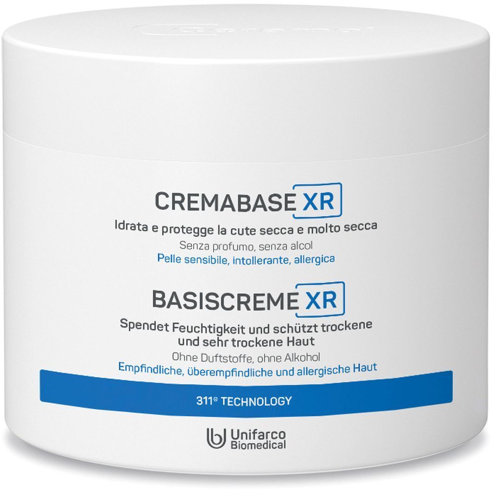 Vaso bianco con testo blu. Scritto: Cremabase XR, Basiscreme XR. Per pelli secche e sensibili.