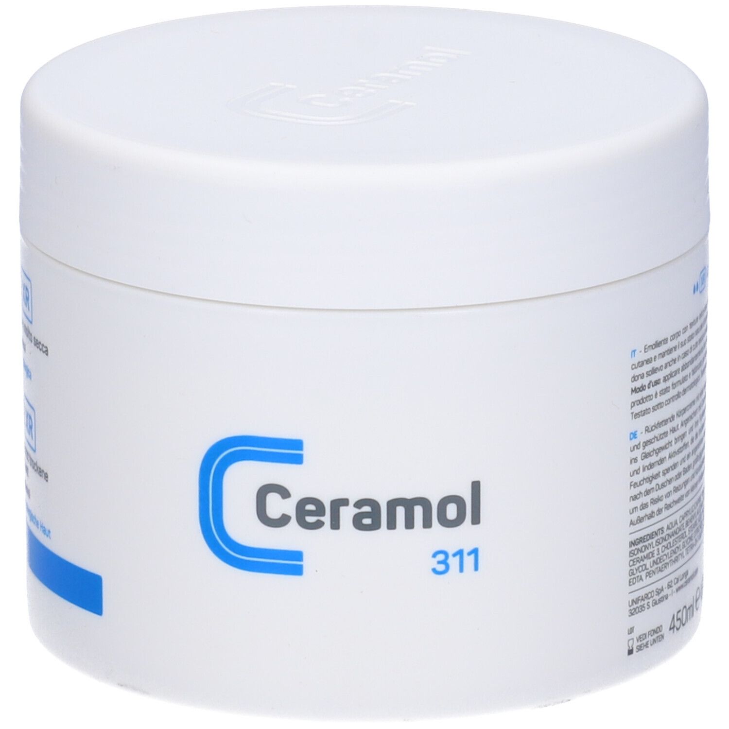 Vaso bianco con logo Ceramol blu e scritta Ceramol 311. Coperchio con rilievo.