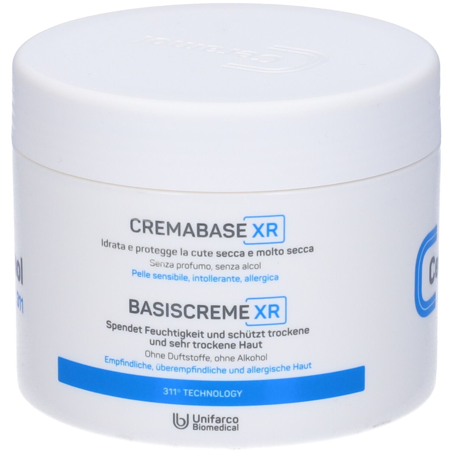 Vaso bianco con logo Ceramol blu e scritta Ceramol 311. Coperchio con rilievo.