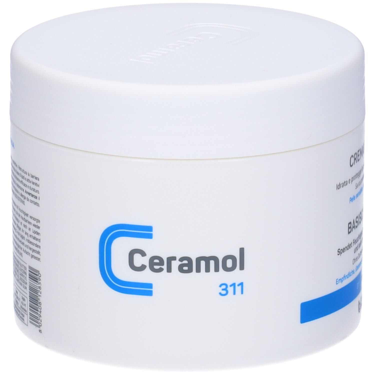 Vaso bianco con logo Ceramol blu e scritta Ceramol 311. Coperchio con rilievo.