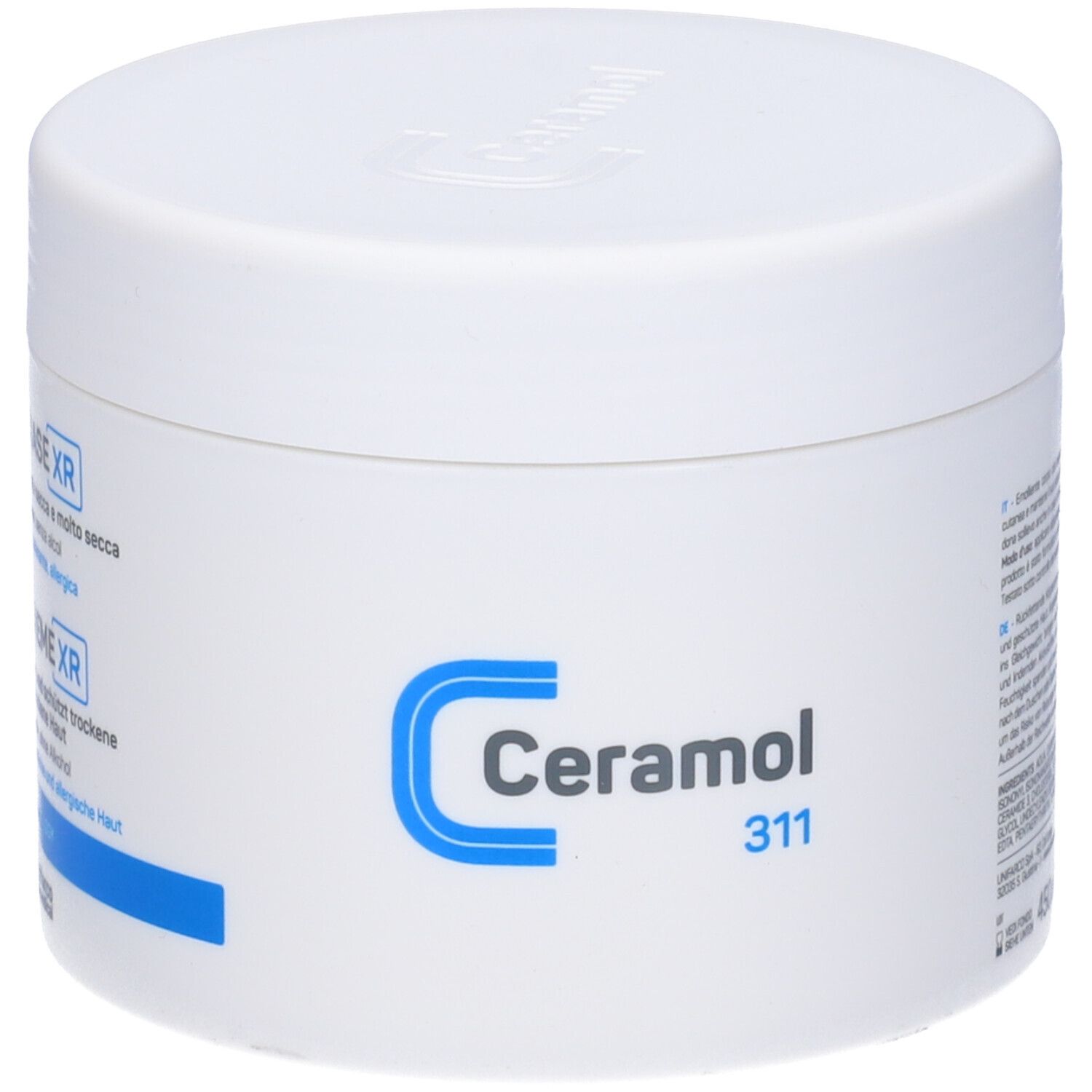 Vaso bianco con logo Ceramol blu e scritta Ceramol 311. Coperchio con rilievo.