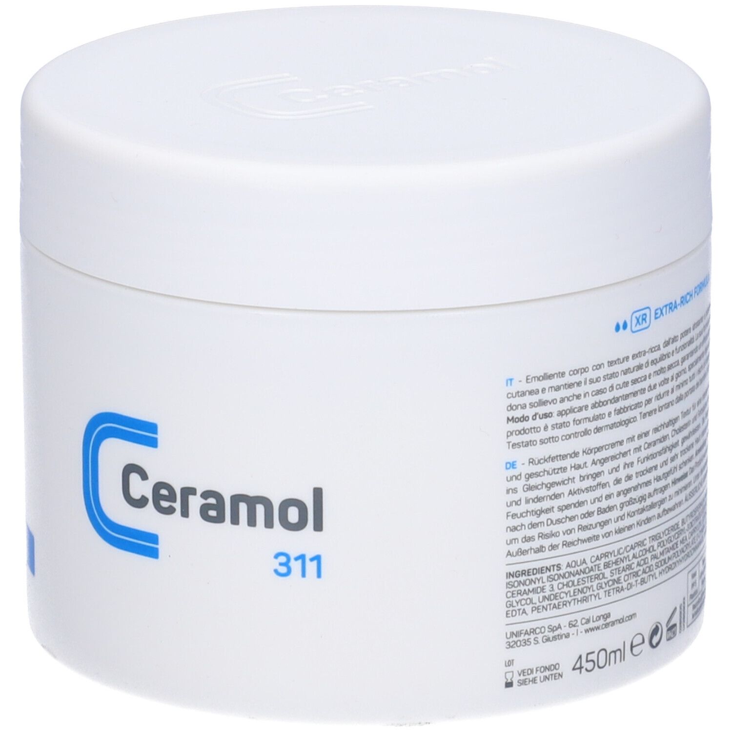 Vaso bianco con logo Ceramol blu e scritta Ceramol 311. Scritte e informazioni sul contenuto.