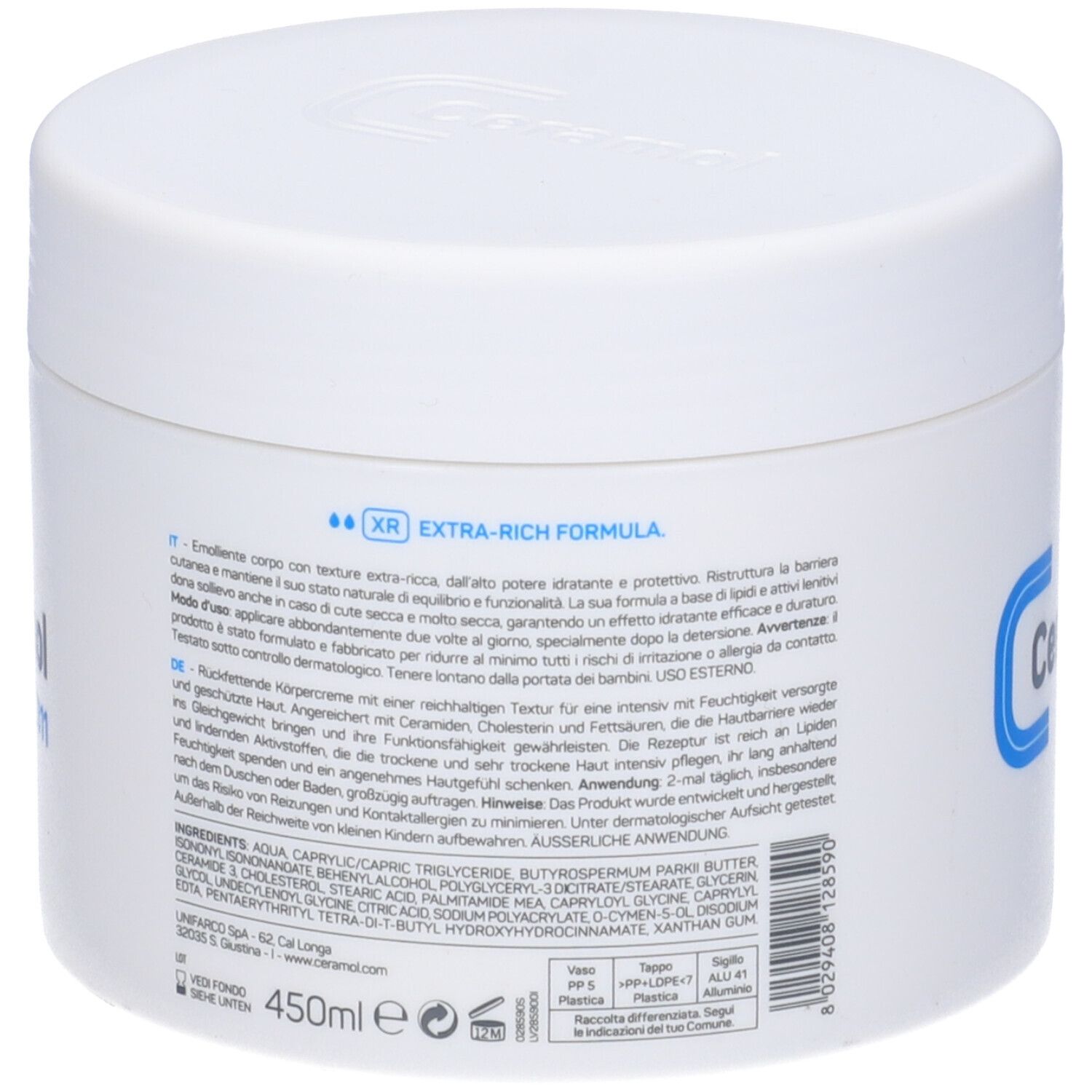 Vaso bianco con logo Ceramol blu e scritta Ceramol 311. Retro con testo e ingredienti.