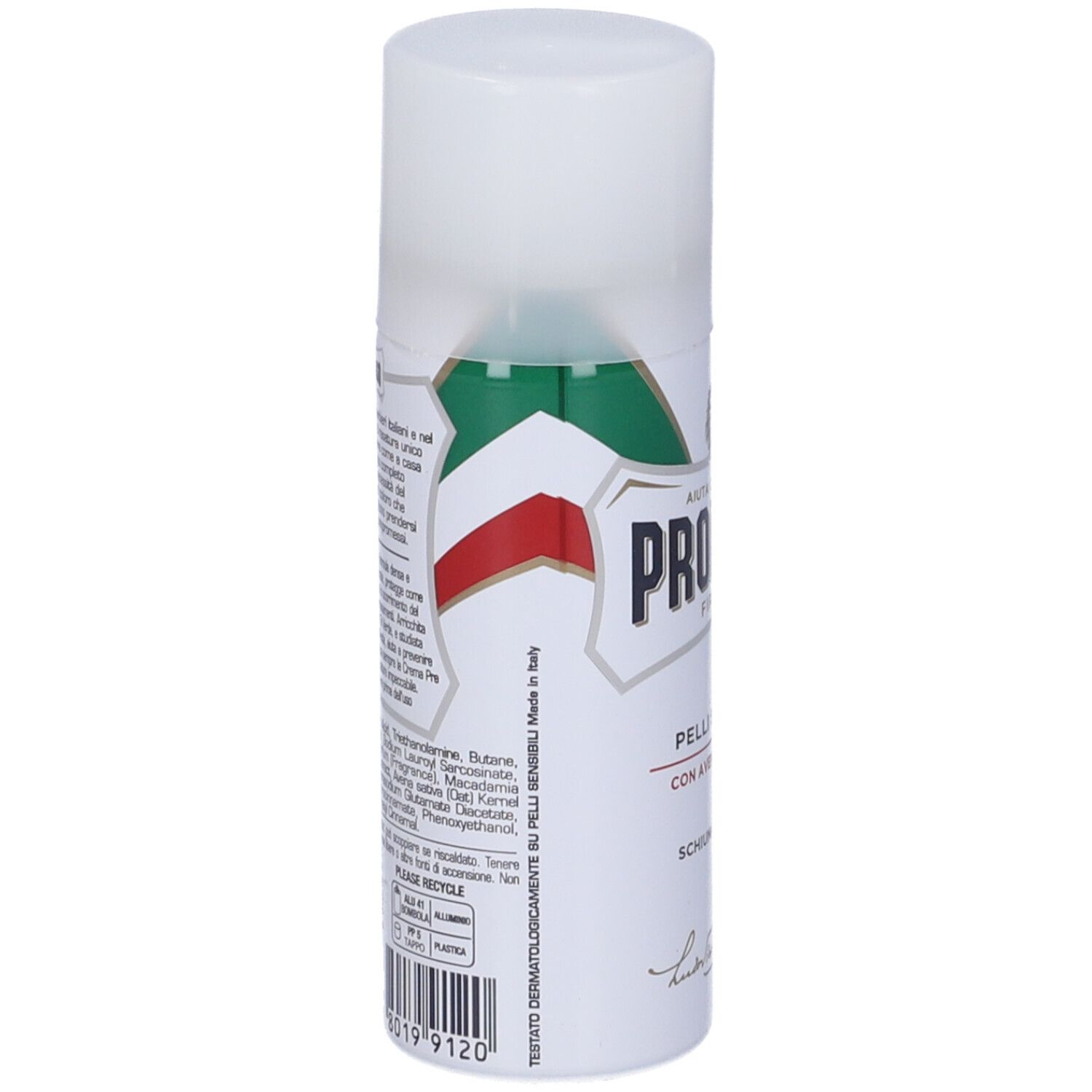 Weißes Aerosol mit grün-rotem Logo. Text: Pelli Sensibili, Inhaltsstoffe. Hergestellt in Italien. Barcode.