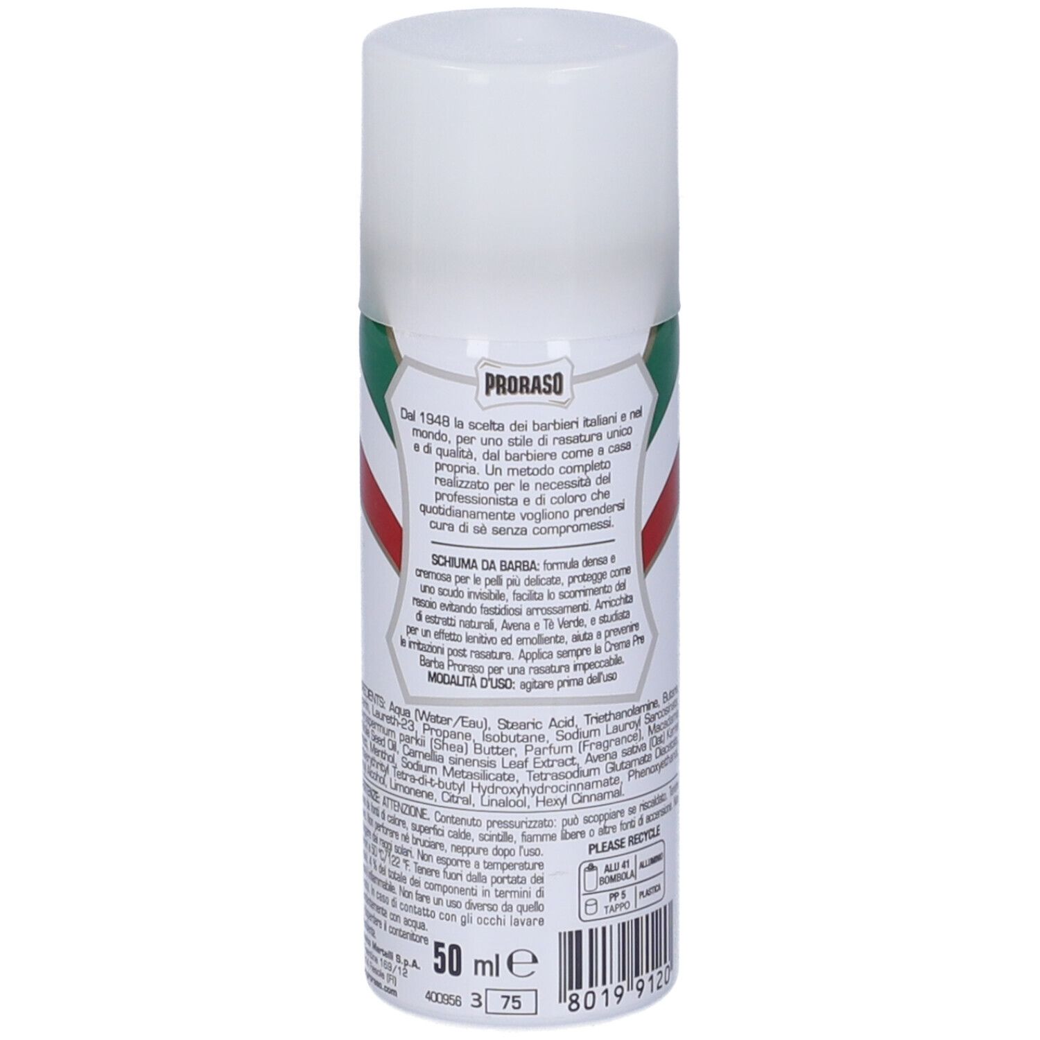 Weißes Aerosol mit grün-rotem Logo. Text: Schiuma da Barba, 50 ml. Text in italienischer Sprache. Barcode.