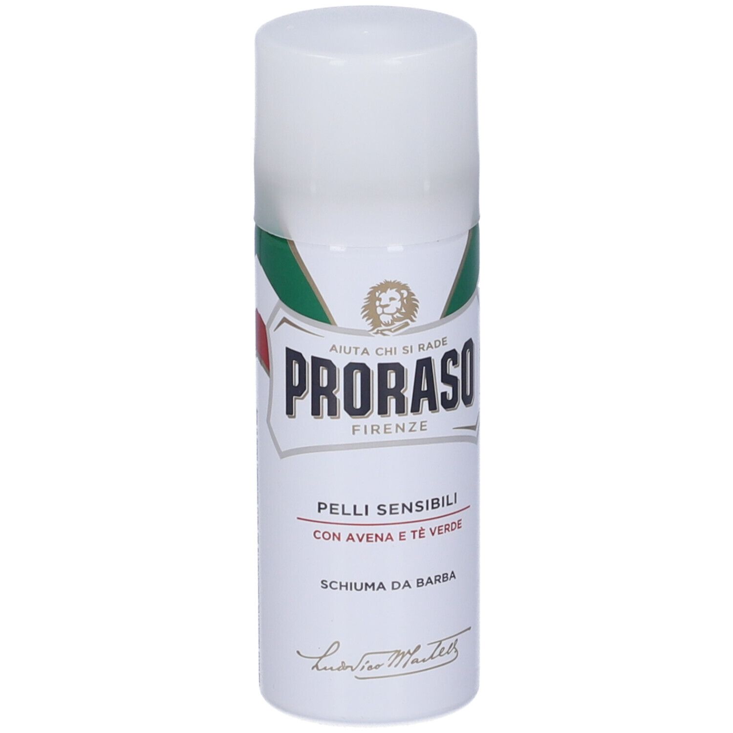 Weißes Aerosol mit grün-rotem Logo. Text: Pelli Sensibili, Schiuma da Barba. Deckel und Sprühkopf weiß.