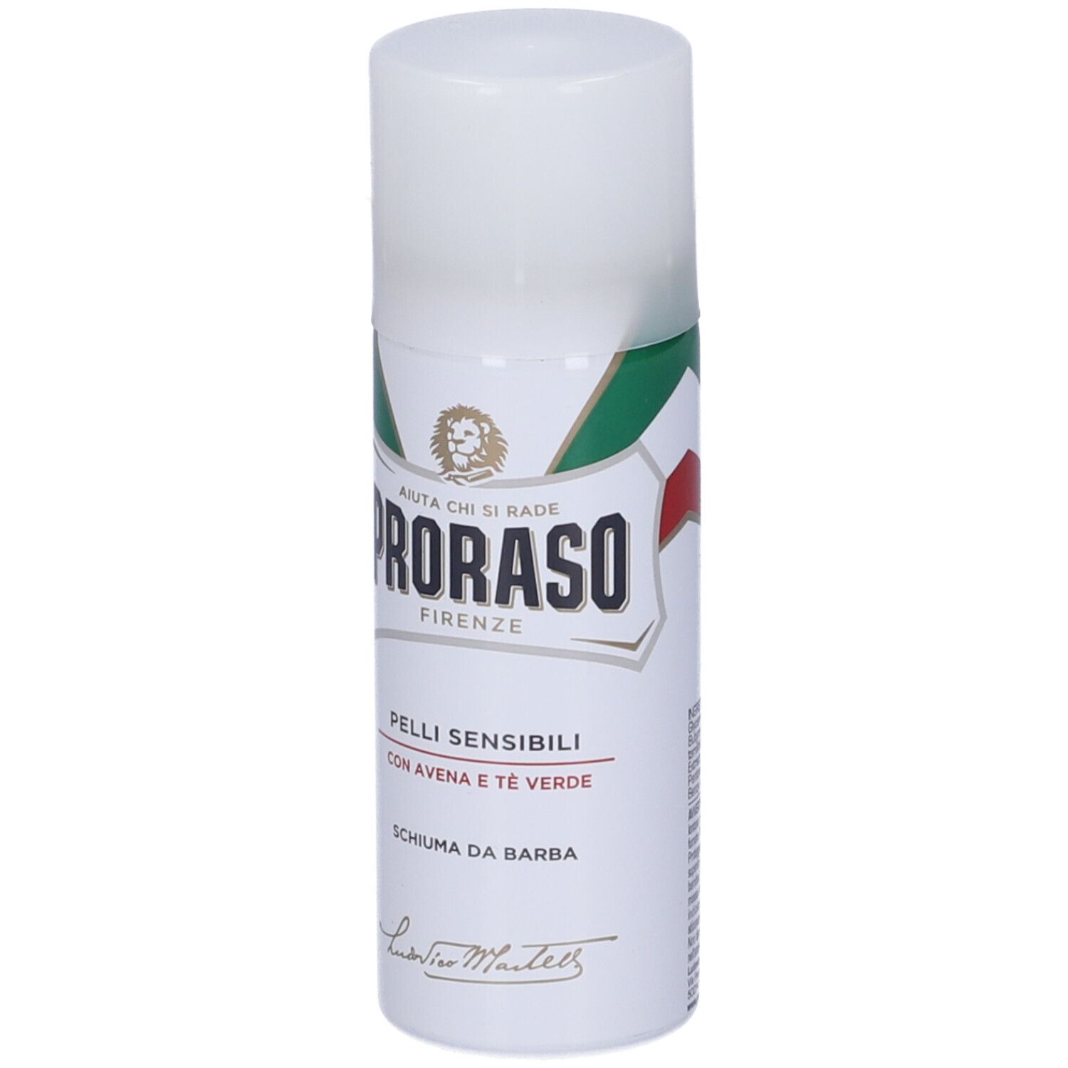Weißes Aerosol mit grün-rotem Logo. Text: Pelli Sensibili, Schiuma da Barba. Deckel und Sprühkopf weiß.