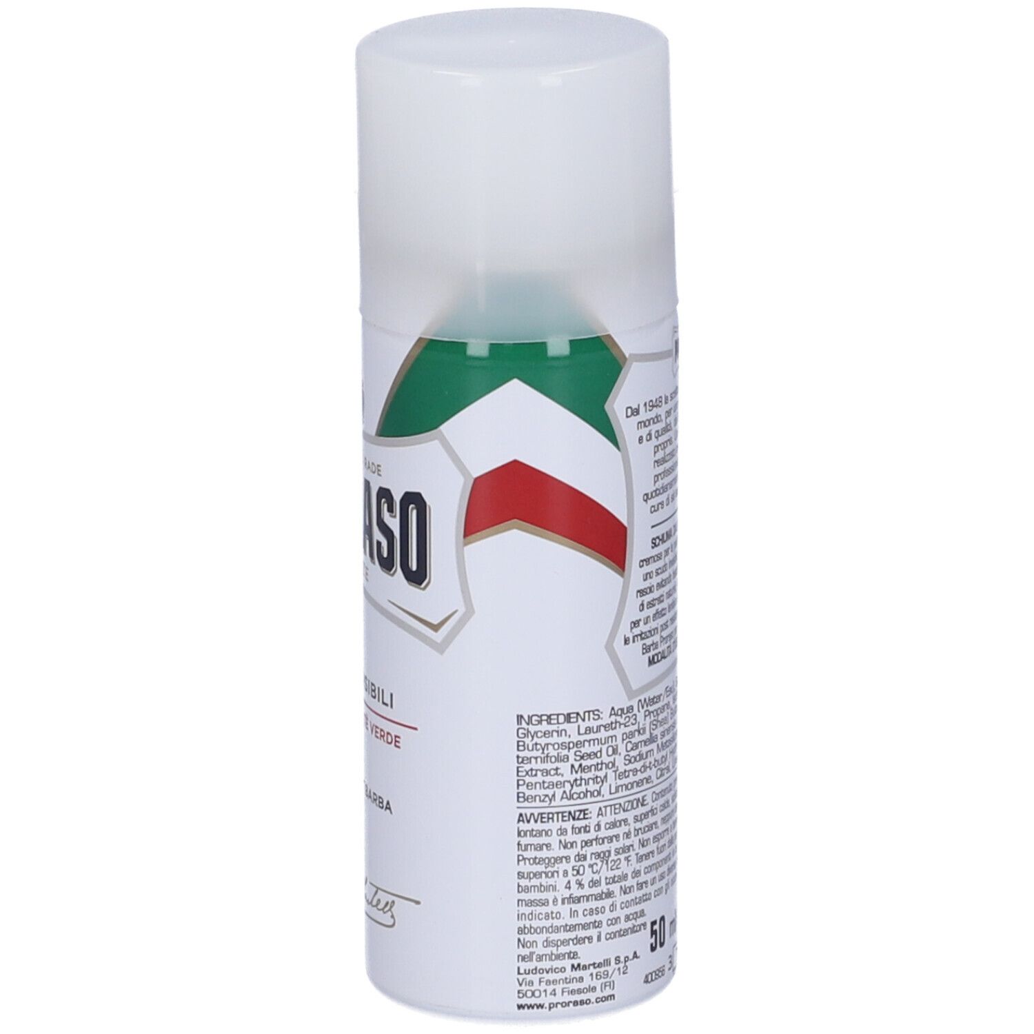Weißes Aerosol mit grün-rotem Logo. Text: Pelli Sensibili, Inhaltsstoffe. 50 ml. Deckel und Sprühkopf weiß.