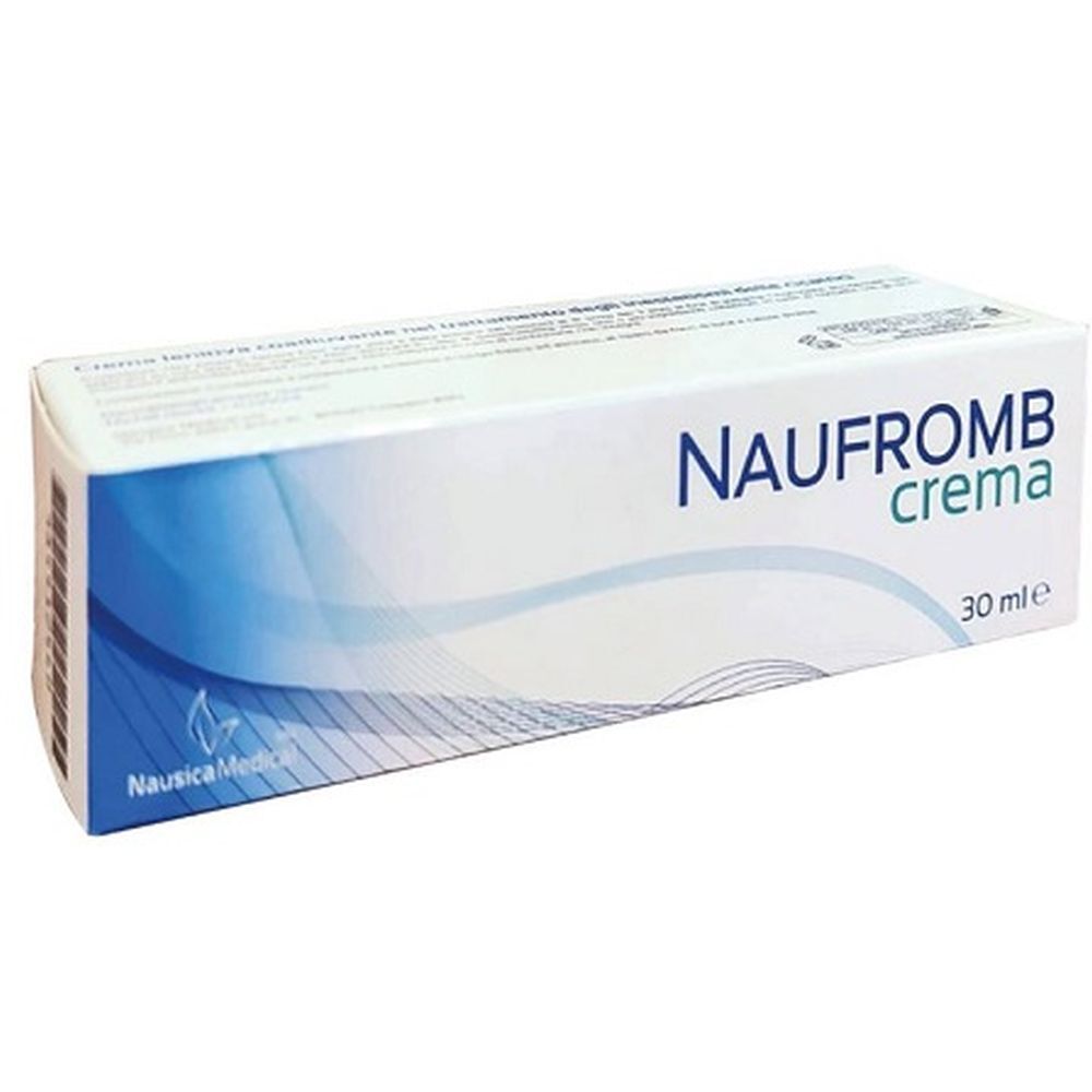 Scatola bianca con grafica blu. Scritta: NAUFROMB crema, 30 ml. Logo: Nausica Medical.