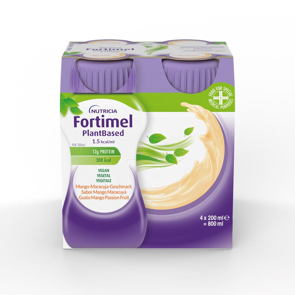 Confezione da quattro bottiglie Nutricia Fortimel PlantBased. Gusto mango-maracuja. 12g proteine, 300 kcal. Vegano.