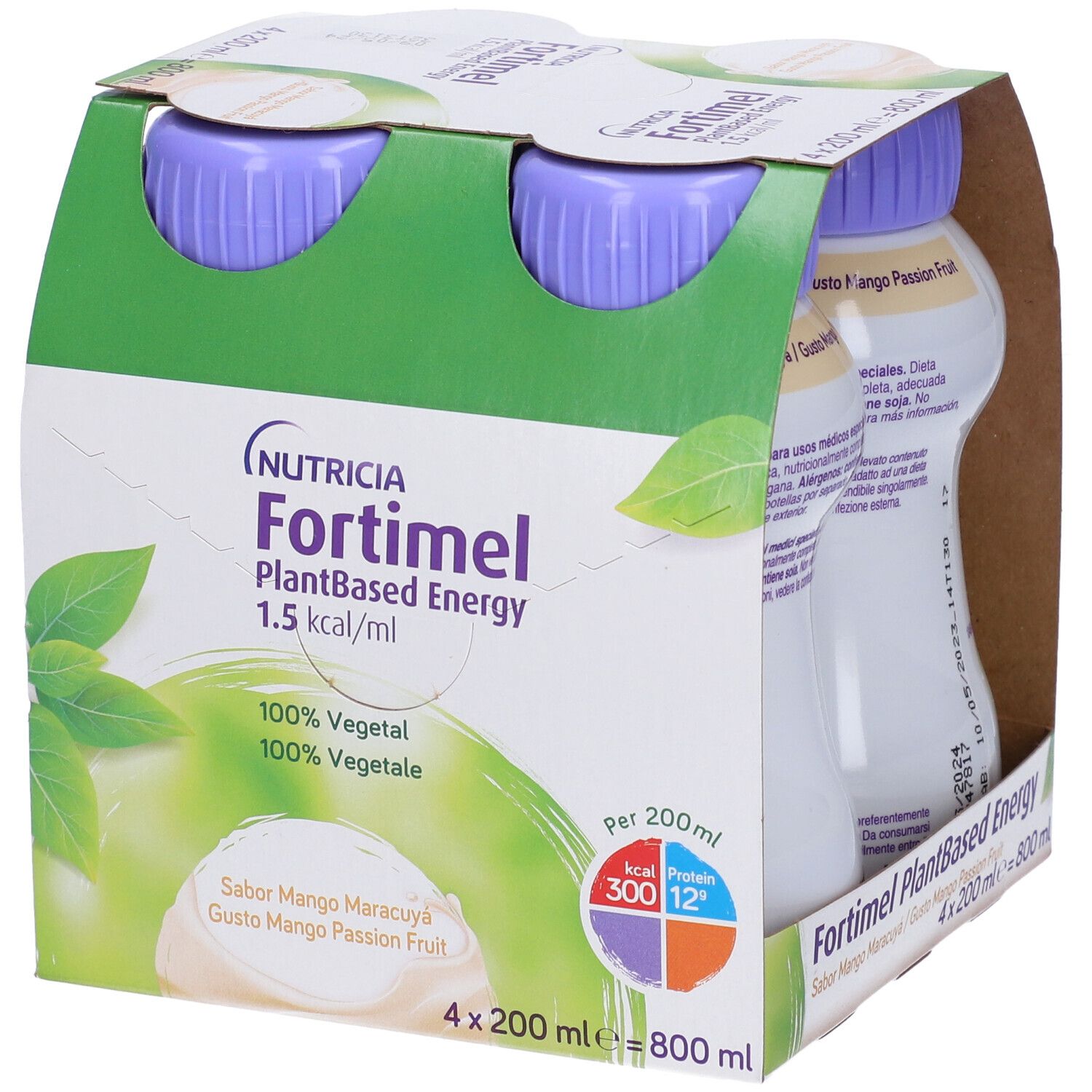 Confezione da quattro bottiglie Nutricia Fortimel PlantBased Energy. Gusto mango-maracuja. 100% vegetale. 300 kcal, 12g proteine.