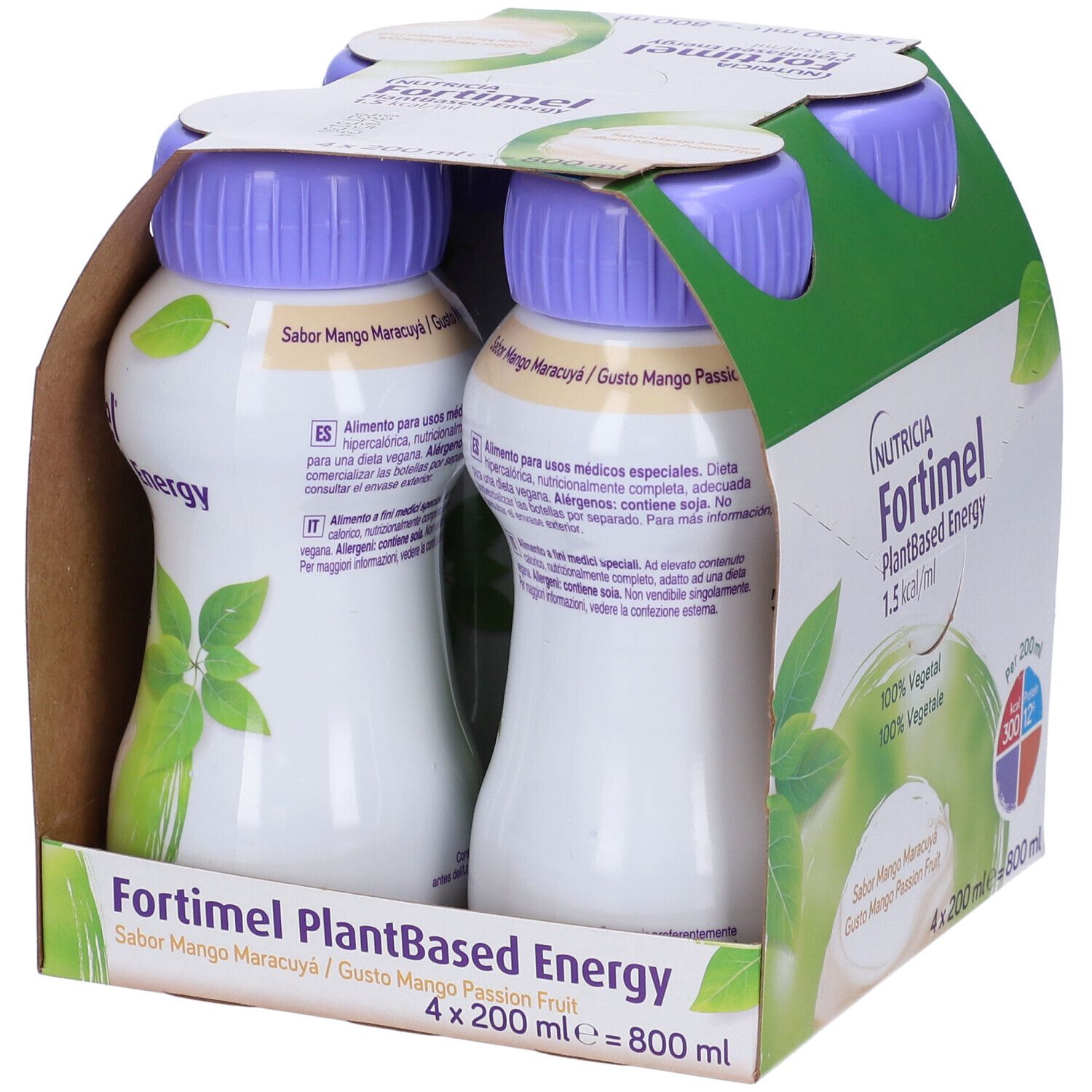 Confezione da quattro bottiglie Nutricia Fortimel PlantBased Energy. Gusto mango-maracuja. 100% vegetale. 300 kcal, 12g proteine.