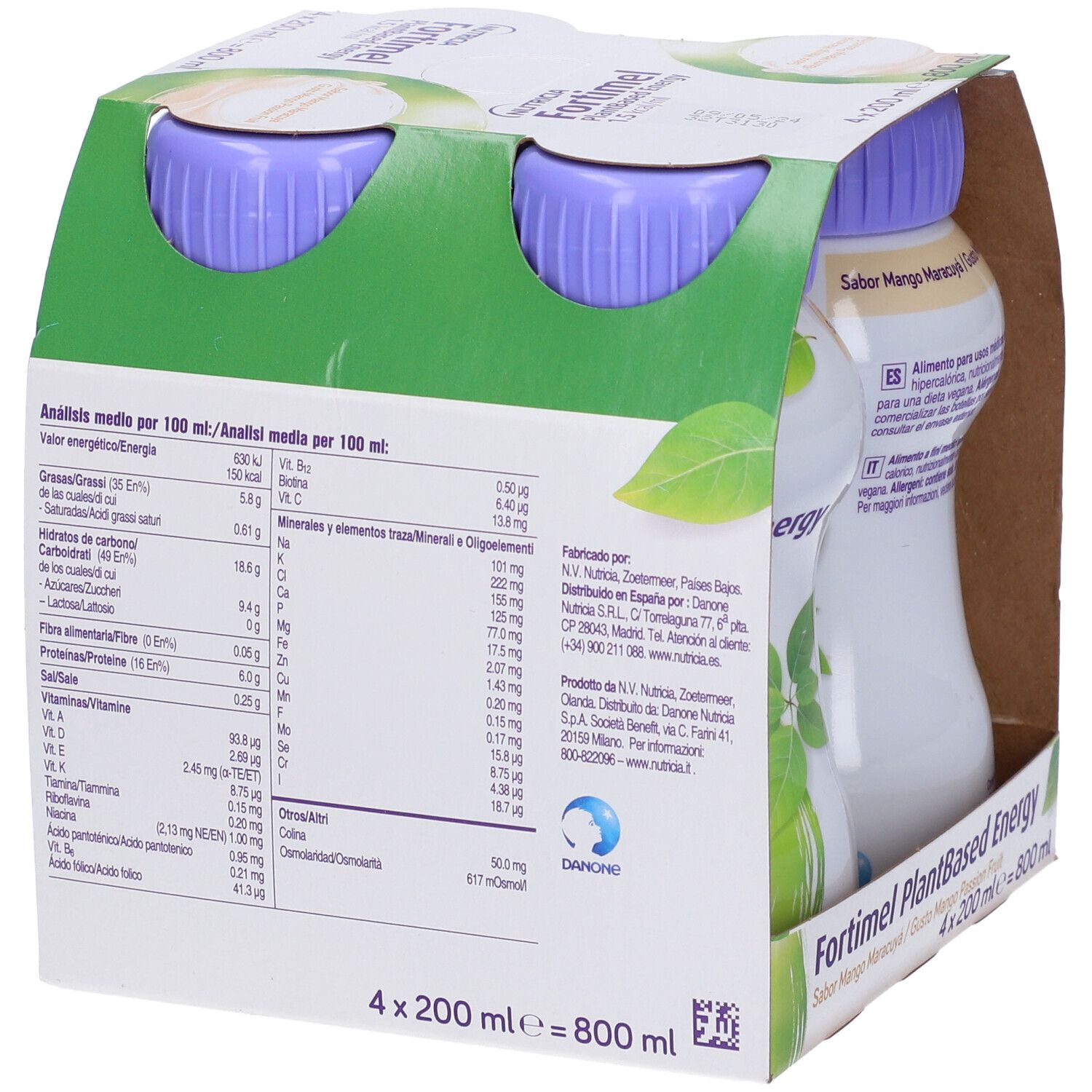 Confezione da quattro bottiglie Nutricia Fortimel PlantBased Energy. Gusto mango-maracuja. Informazioni nutrizionali sul retro.