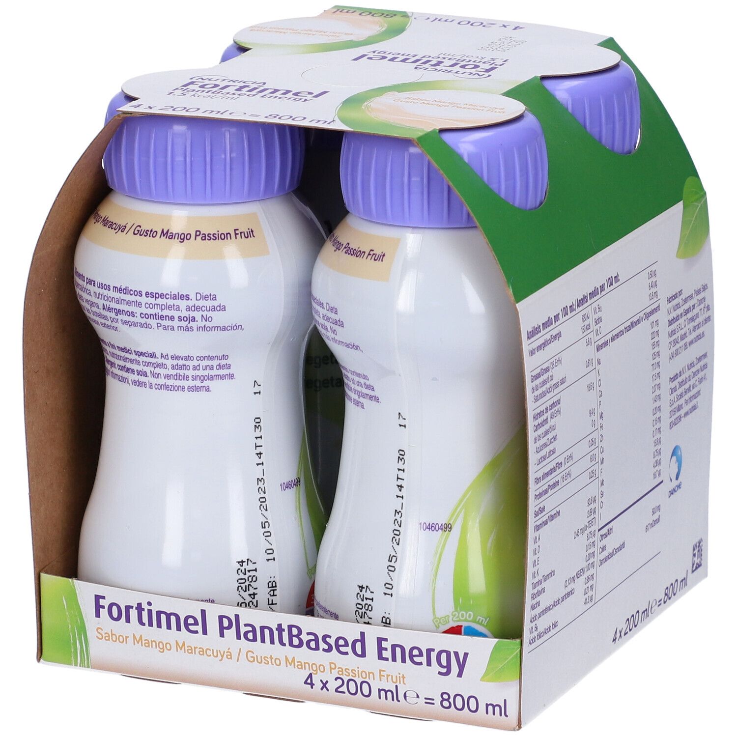 Confezione da quattro bottiglie Nutricia Fortimel PlantBased Energy. Gusto mango-maracuja. 4x200ml = 800ml.