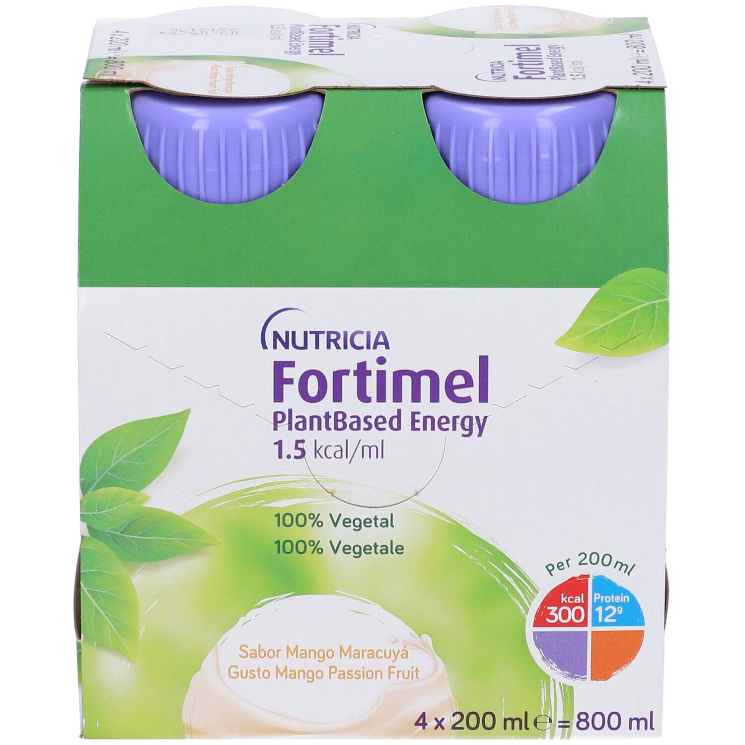 Confezione da quattro bottiglie Nutricia Fortimel PlantBased Energy. Gusto mango-maracuja. 300 kcal, 12g proteine.