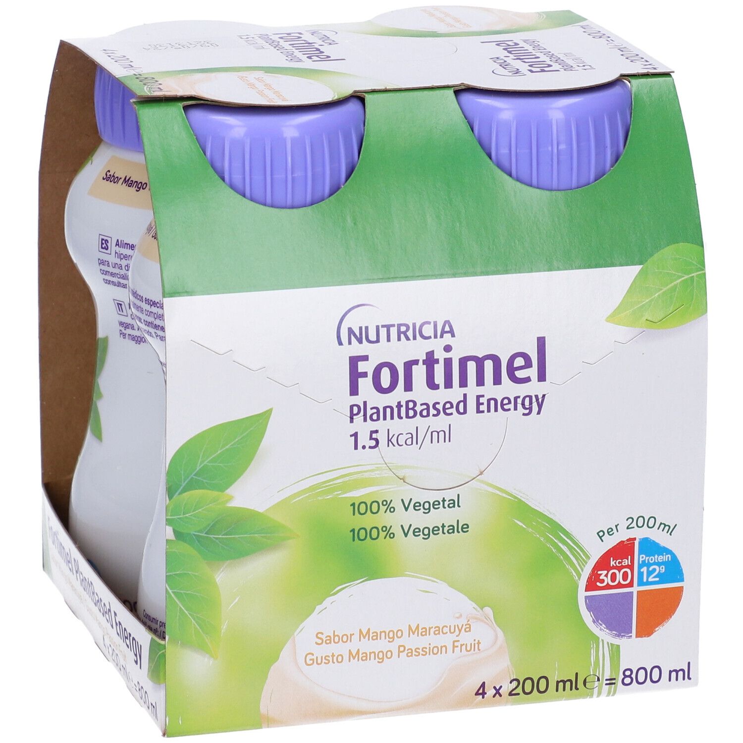 Confezione da quattro bottiglie Nutricia Fortimel PlantBased Energy. Gusto mango-maracuja. 300 kcal, 12g proteine.