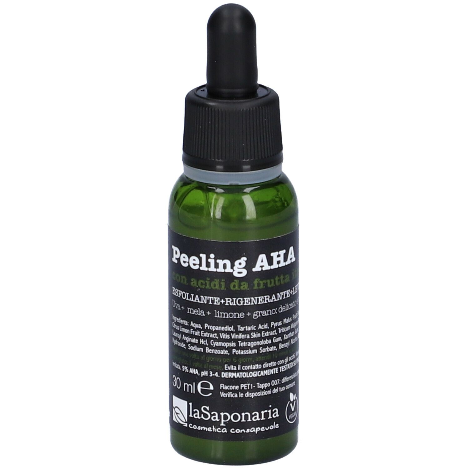Flacone verde con tappo nero e pipetta. Scritta: Peeling AHA. 30 ml. La Saponaria.