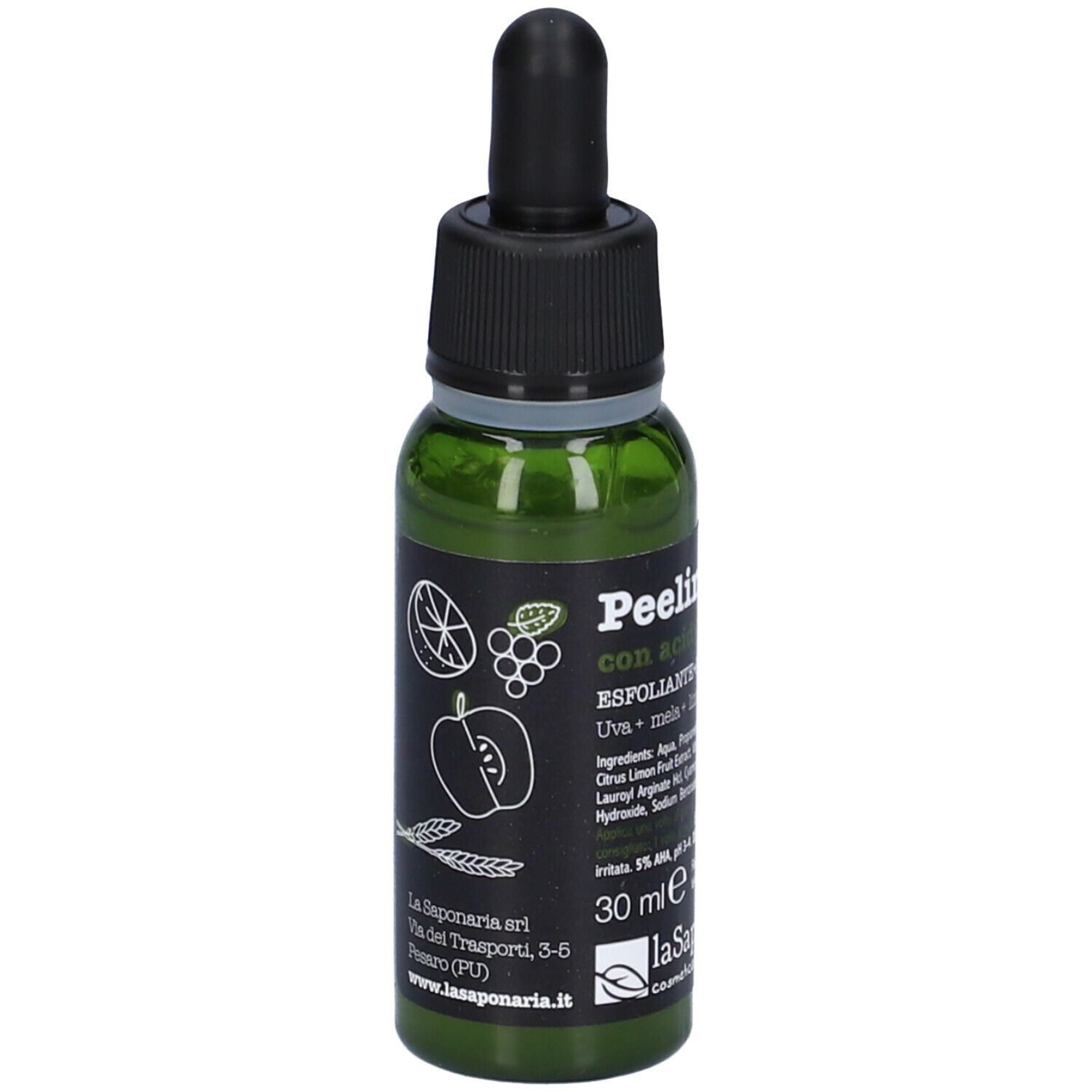 Flacone verde con tappo nero e pipetta. Scritta: Peeling AHA. 30 ml. La Saponaria.