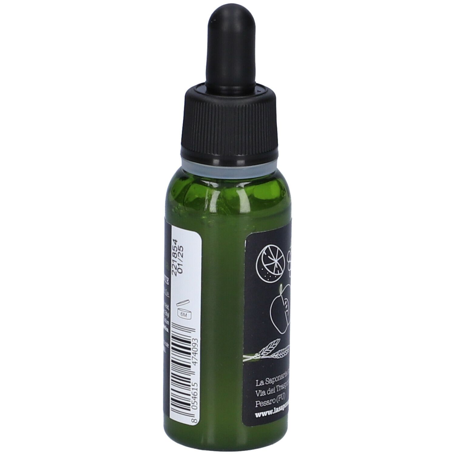 Flacone verde con tappo nero e pipetta. Scritta: Peeling AHA. 30 ml. La Saponaria.