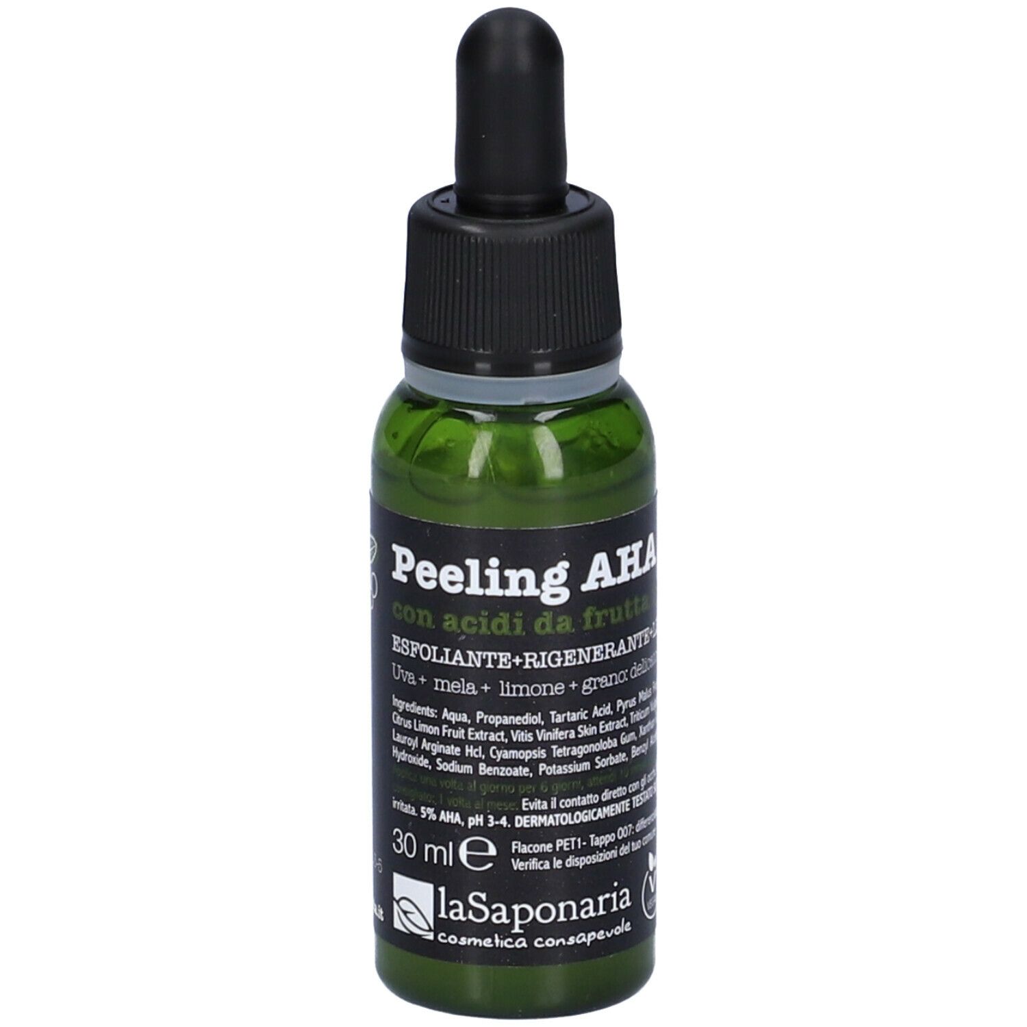 Flacone verde con tappo nero e pipetta. Scritta: Peeling AHA. 30 ml. La Saponaria.