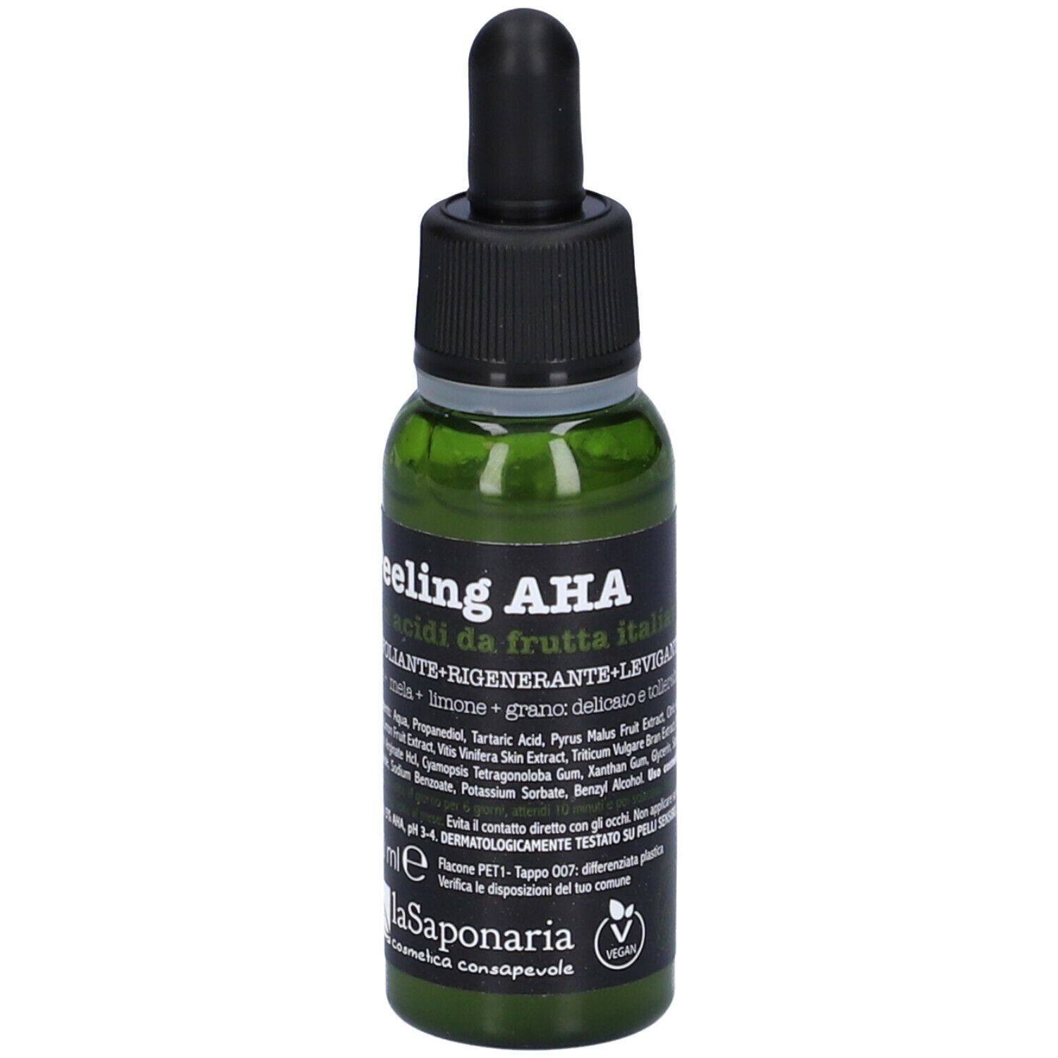 Flacone verde con tappo nero e pipetta. Scritta: Peeling AHA. 30 ml. La Saponaria.