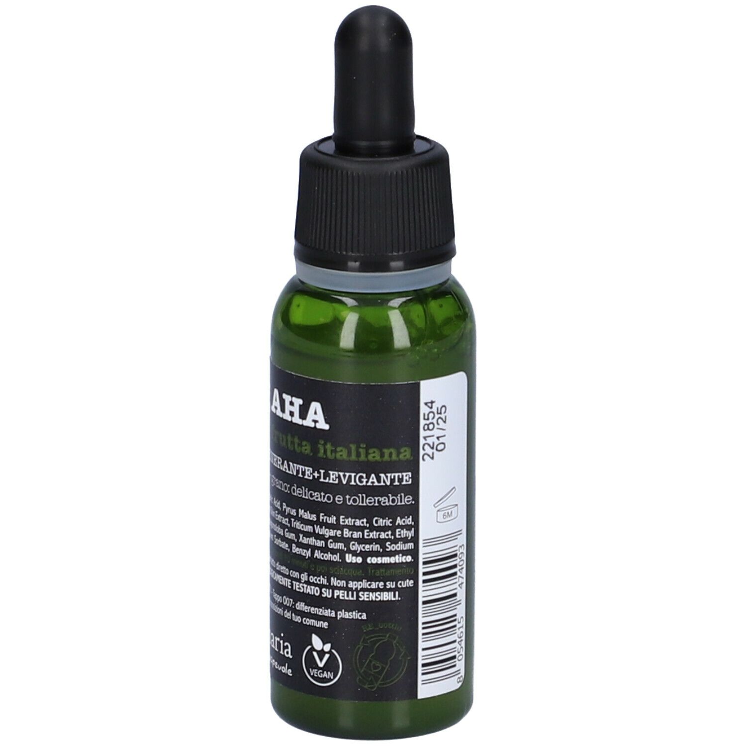 Flacone verde con tappo nero e pipetta. Scritta: Peeling AHA. 30 ml. La Saponaria.
