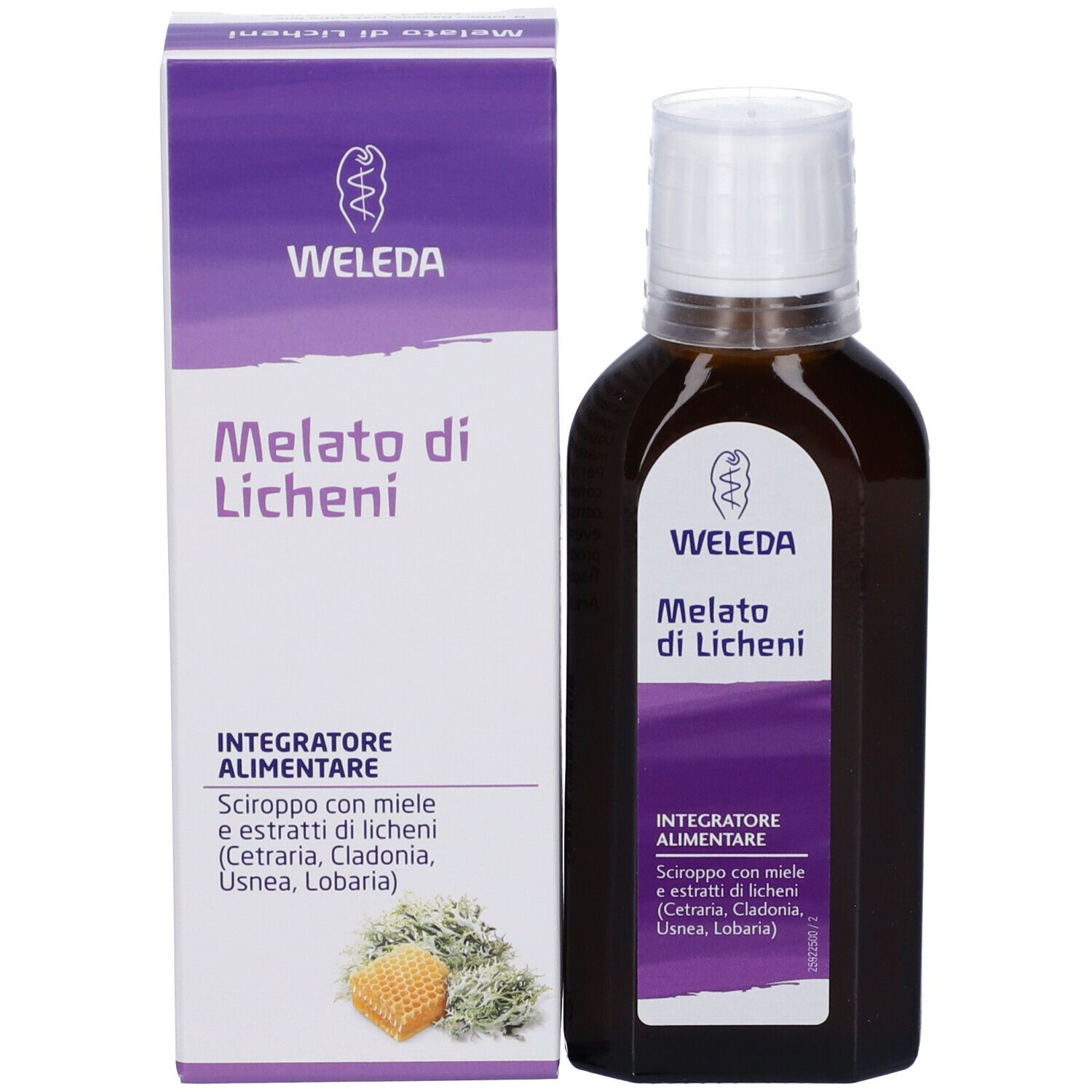 Bottiglia e scatola. Scatola con nome e logo del prodotto.