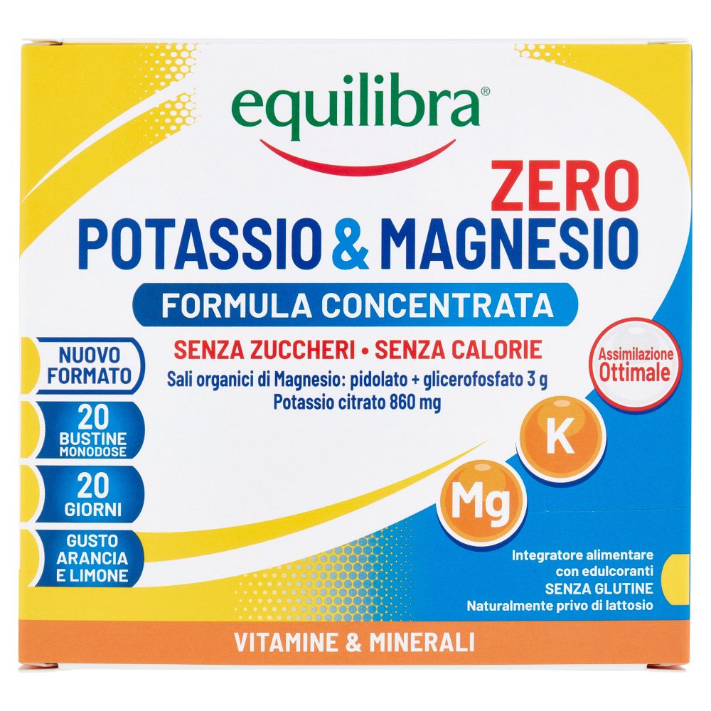 Confezione di Equilibra® Potassio & Magnesio Zero. Contiene 20 bustine. Scritto: Senza zuccheri, senza calorie.