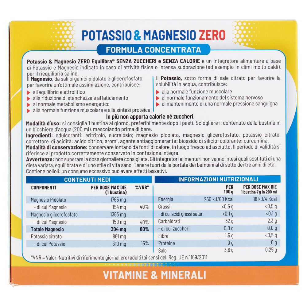 Retro della confezione di Equilibra® Potassio & Magnesio Zero. Contiene informazioni su ingredienti e valori nutrizionali.