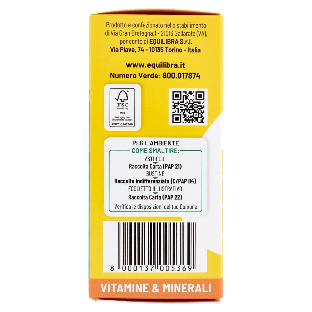 Lato della confezione di Equilibra® Potassio & Magnesio Zero. Mostra informazioni sullo smaltimento e l'indirizzo del produttore.