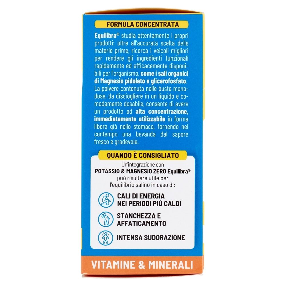 Lato della confezione di Equilibra® Potassio & Magnesio Zero. Descrive l'uso e i benefici del prodotto.