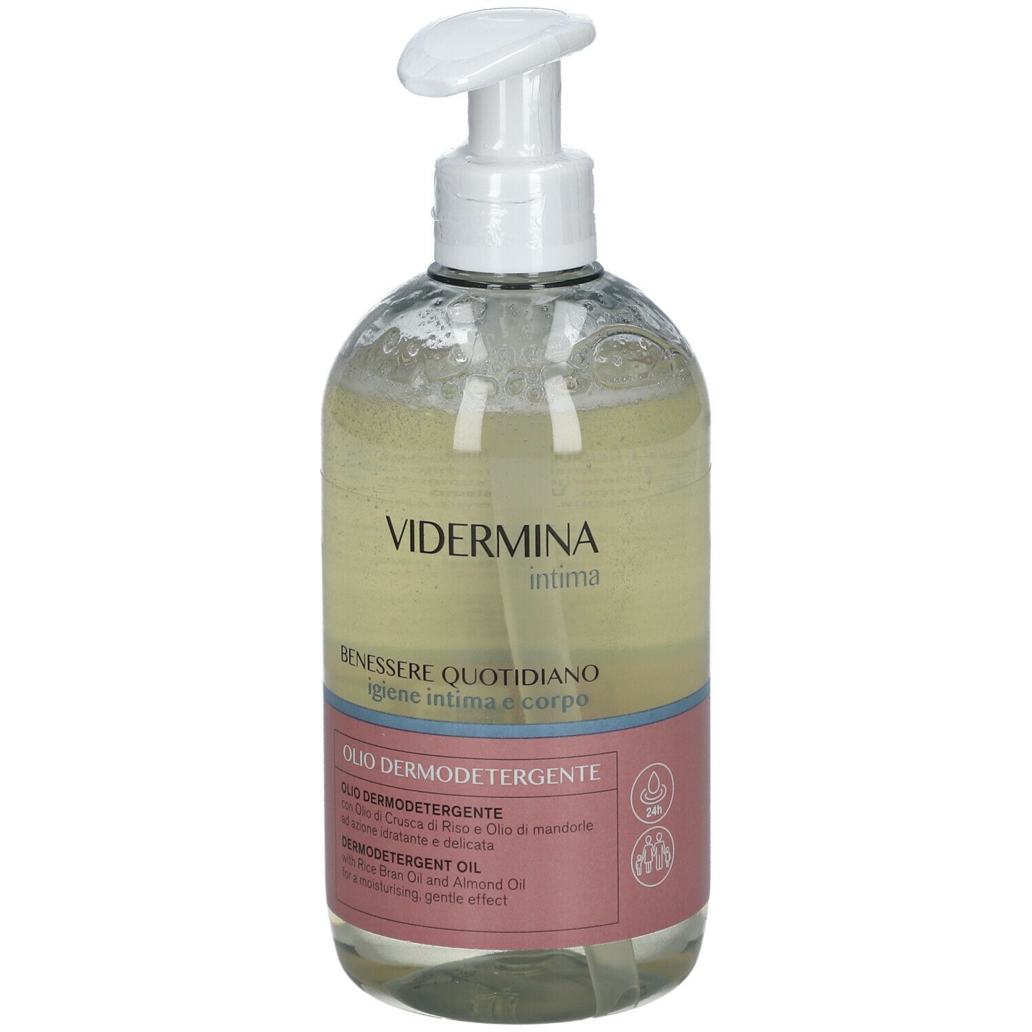 Flacone Vidermina Intima con dosatore. Etichetta rosa con testo. Prodotto trasparente.