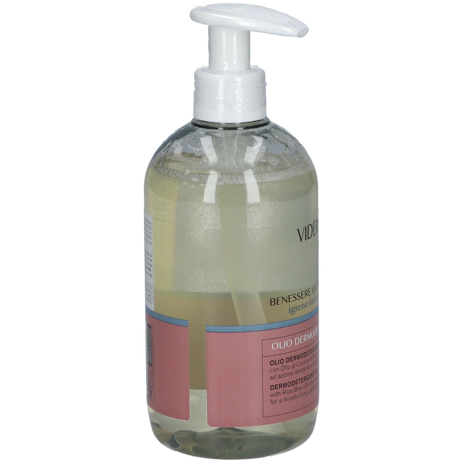 Flacone Vidermina Intima, vista posteriore. Etichetta rosa con testo. Prodotto trasparente.