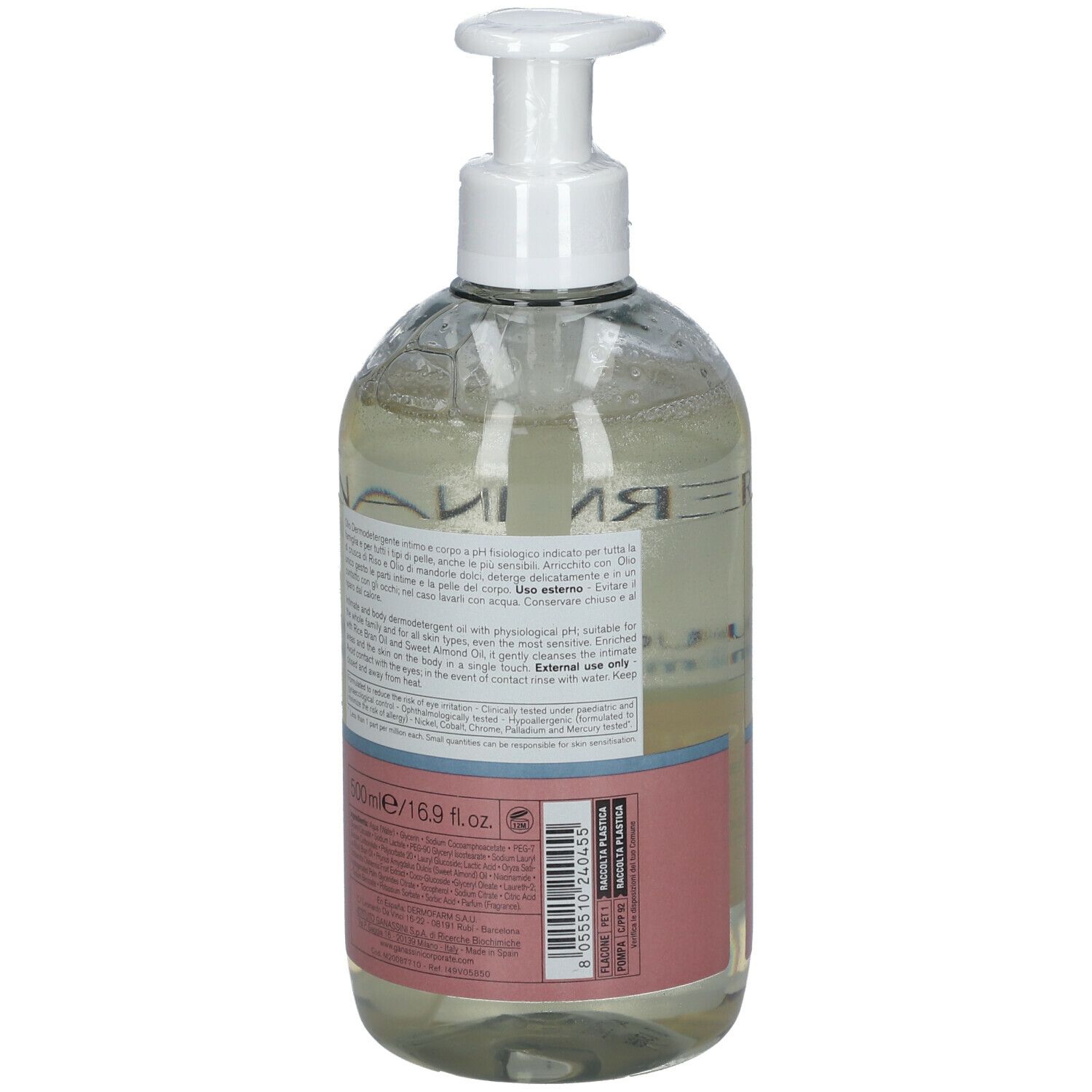 Flacone Vidermina Intima, vista posteriore. Etichetta con testo e ingredienti. Prodotto trasparente.